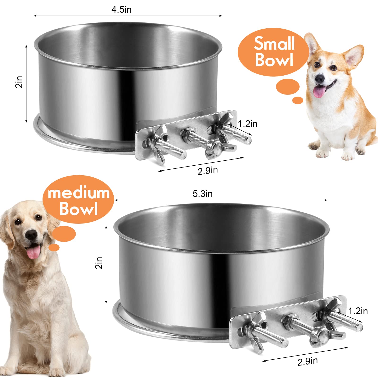 Dog Crate Water Bowl, 2 Pack No Spill Hanging Cage Food Bowls for Kennel Puppy Cat Bird Bunny Stainless Steel Metal Mountable Sm